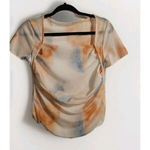 Y2K Size Small Mesh Top Sheer Semi-Sheer Short Sleeve Abstract Pattern Feminine